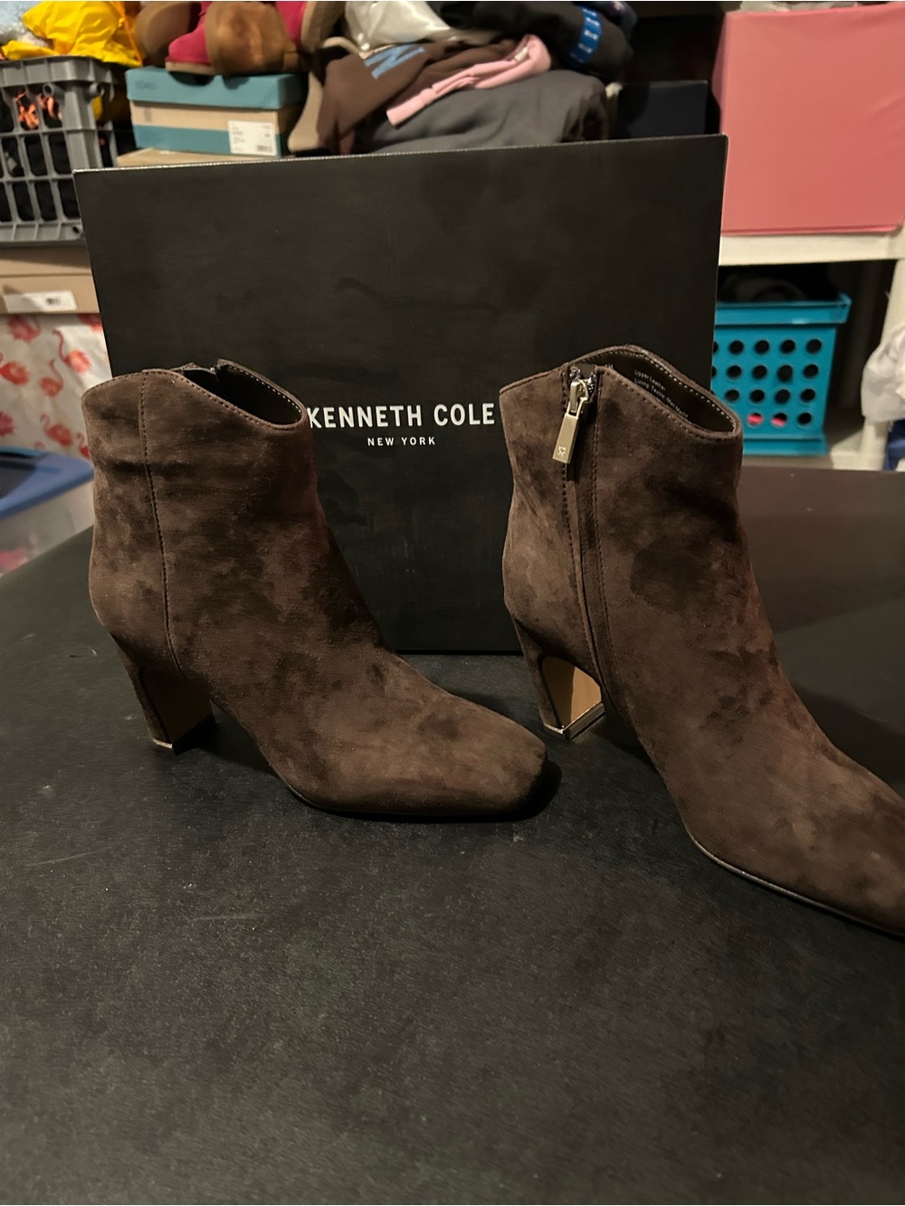 Kenneth Cole Dark Brown Suede Ankle Booties with Side Zip